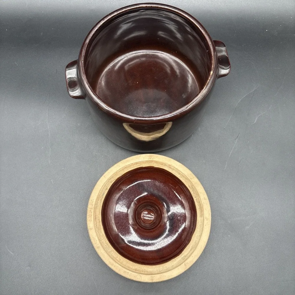 West Bend Brown Glazed Stoneware Bean Pot Crock with Lid Vintage Kitchen